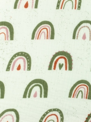 Dvojitá gázovina / mušelín starozelená duha na bílé 